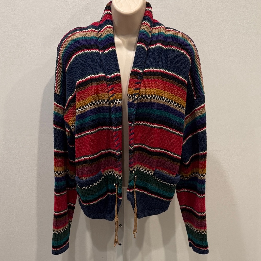 Vintage Stefano International Striped Cardigan L Southwestern Knit Rainbow Braid